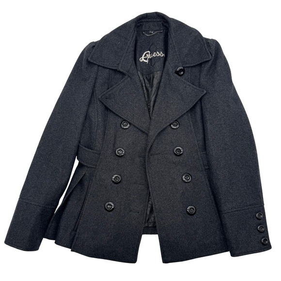 Guess Jackets & Blazers - Guess Womens Wool Blend Double Breasted Pea Coat Charcoal Grey Peplum Jacket M